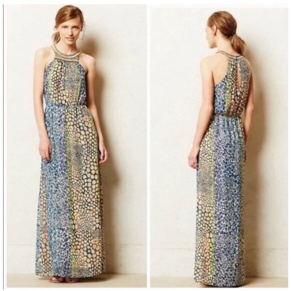 NWOT HD in Paris Anthropologie Mayacamas Beaded Halter Maxi Dress Size 12 Printe